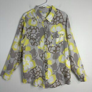 Elliott Lauren Linen Button Up Shirt Womens‎ XL Pockets LS Collared Yellow Tan